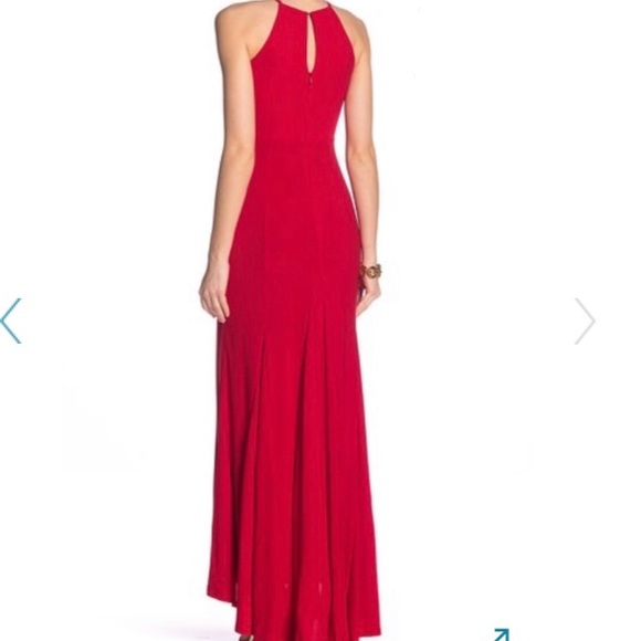 JUMP Red Long Formal Prom Dress Solid Halter Gown - Picture 2 of 2
